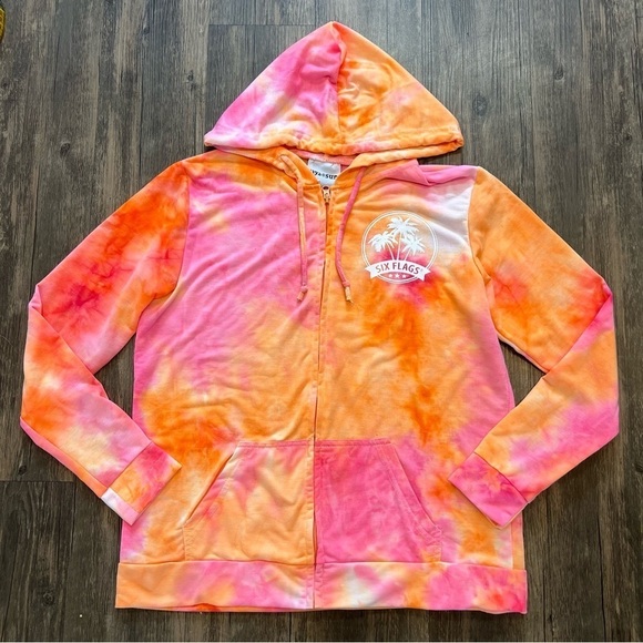 Girls Six Flags Tie Dye Orange Pink Hooded Drawstring Sweatshirt Size L - Picture 1 of 9